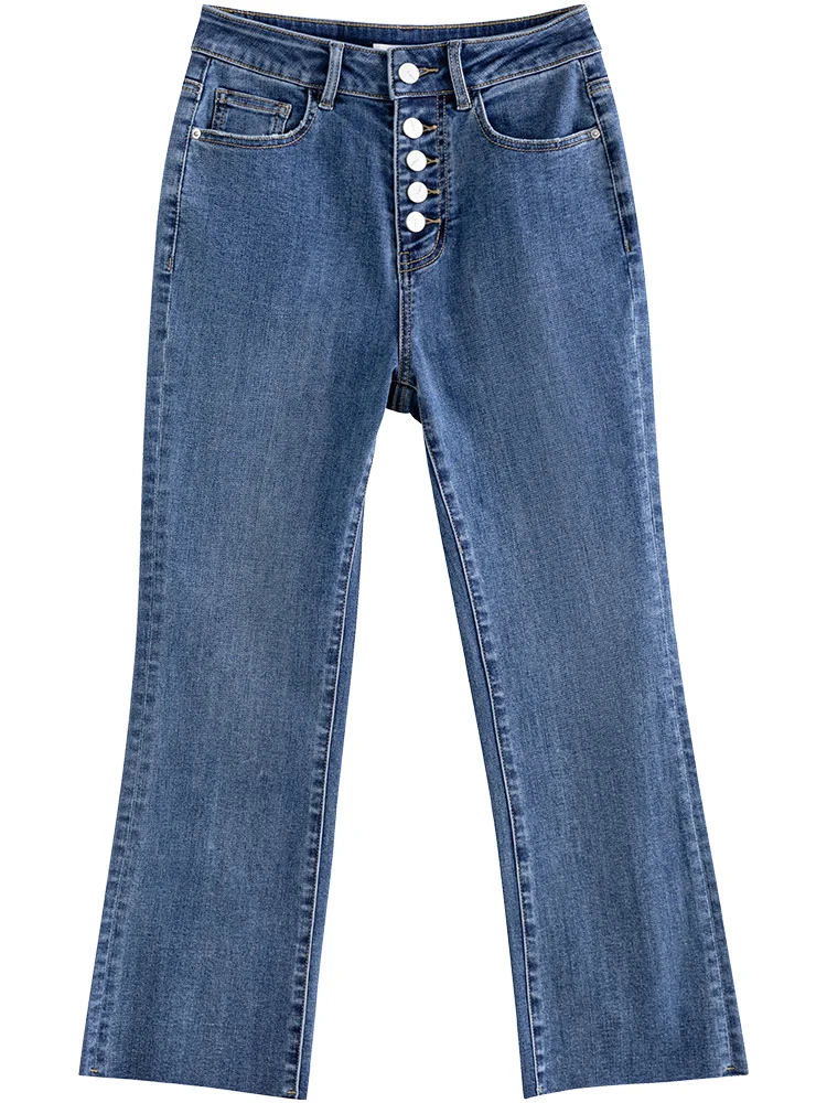 ZIQIAO Japanese Light High Waist Cropped Shrink Jeans Office Lady Multi-Button Cotton Stretch Jeans Denim Blue Ankle-Length Pant