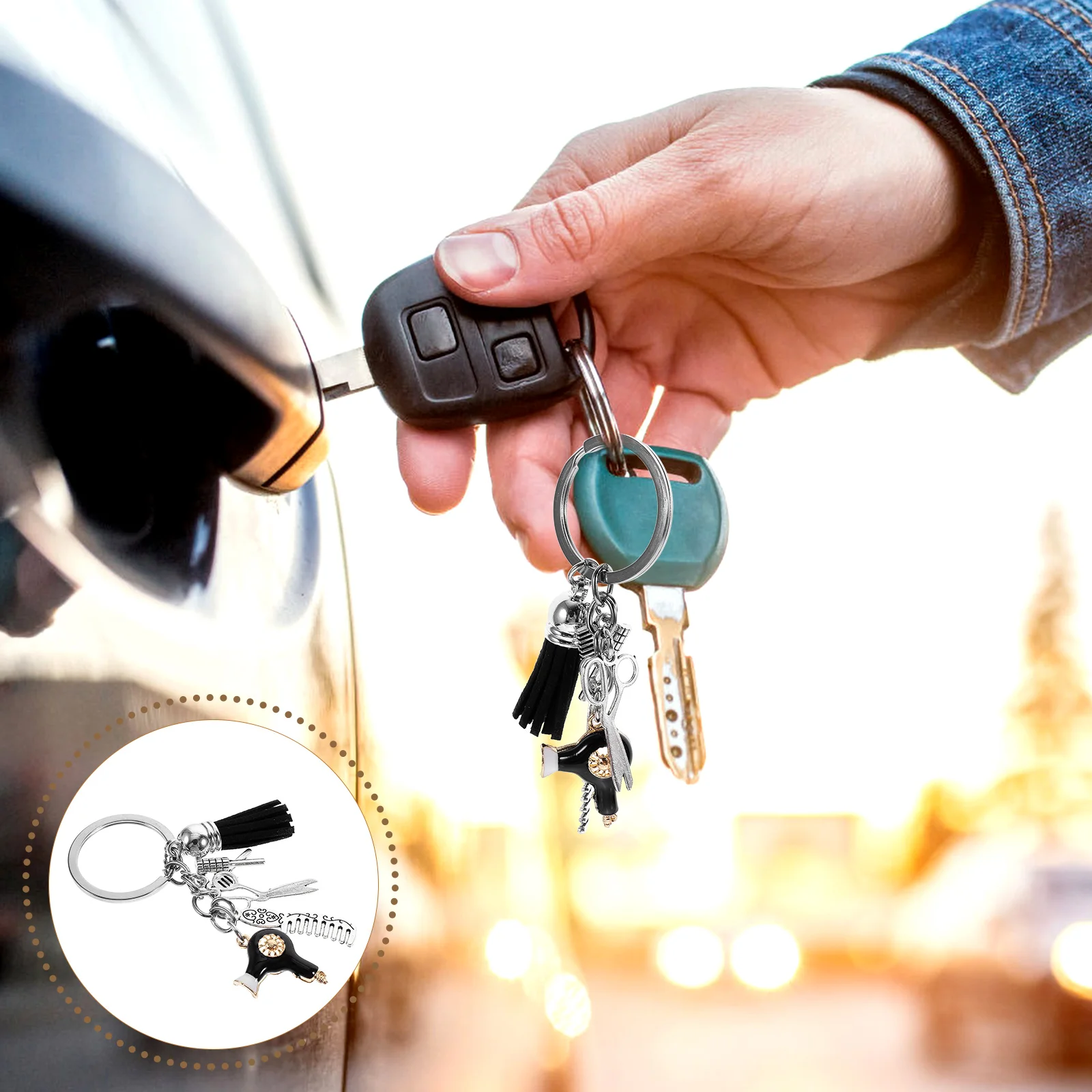 

Barber Keychain Comb Scissors Hair Dryer Hair Curler Charms Tassel Key Ring Hairdressing Key Holder Bag Backpack