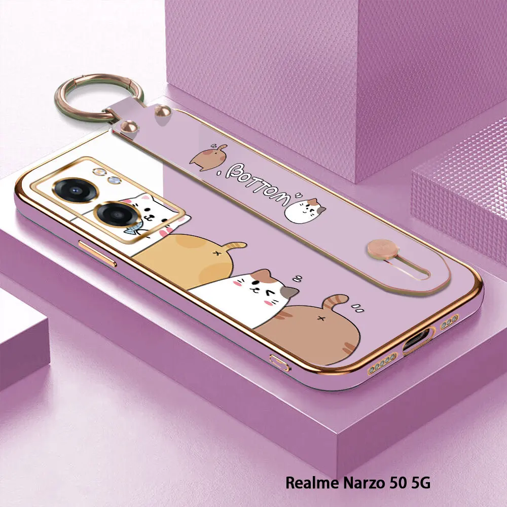 

(With Wristband) For Realme Narzo 50 5G 50A Prime 20 Pro 30A Cartoon Cat Back Cover Case Luxury Plating TPU Phone Cases