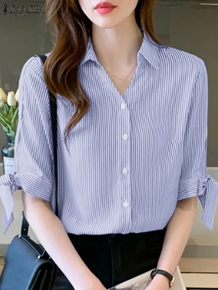 

ZANZEA Half Sleeve Lapel Neck Blouse Femme Stylish Casual Shirt Summer Stripe Printed Women's Shirts Elegant OL Office Chemise