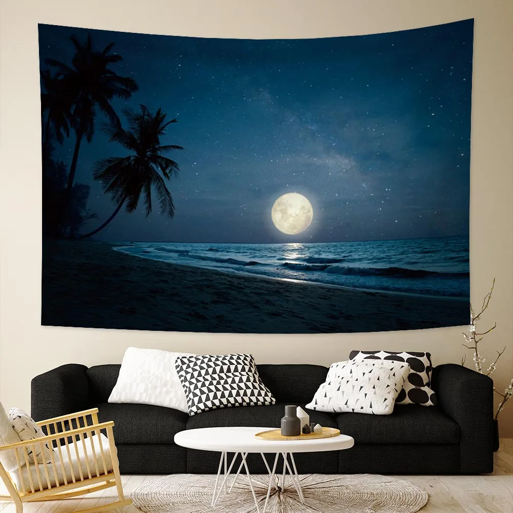 

Psychedelic Island Moon Wall Tapestry Fantasy Starry Sky Beach Sea Print 100%Microfiber Fabric Bedroom Living Room Home Decor