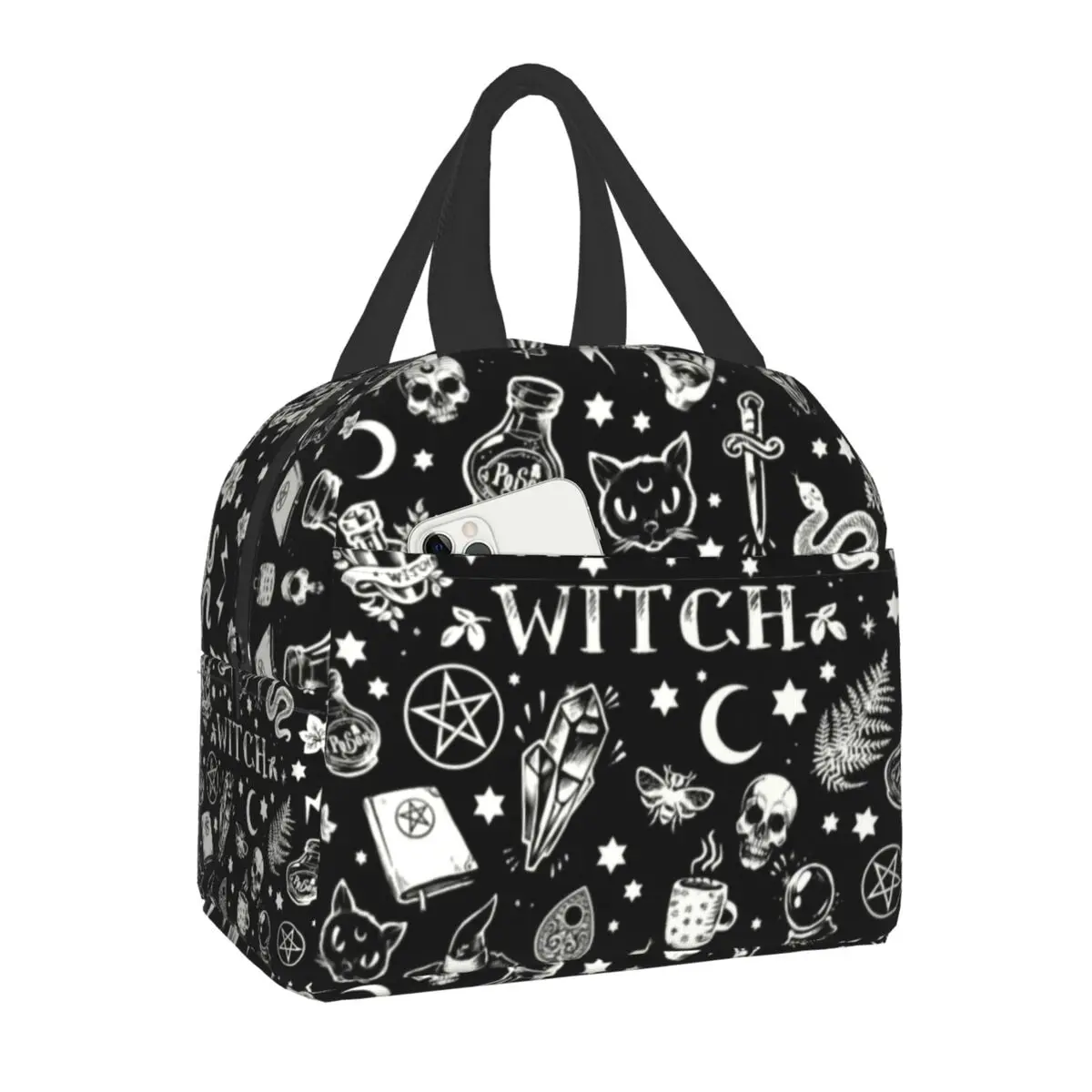 Witch Pattern Insulated Lunch Bag for Work School Halloween Cat SKull Waterproof Cooler Thermal Lunch Box Women Kids Picnic Bags