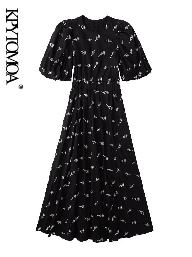 

KPYTOMOA Women Fashion Floral Embroidered Poplin Midi Dress Vintage Puff Sleeves Elastic Waist Female Dresses Vestidos Mujer