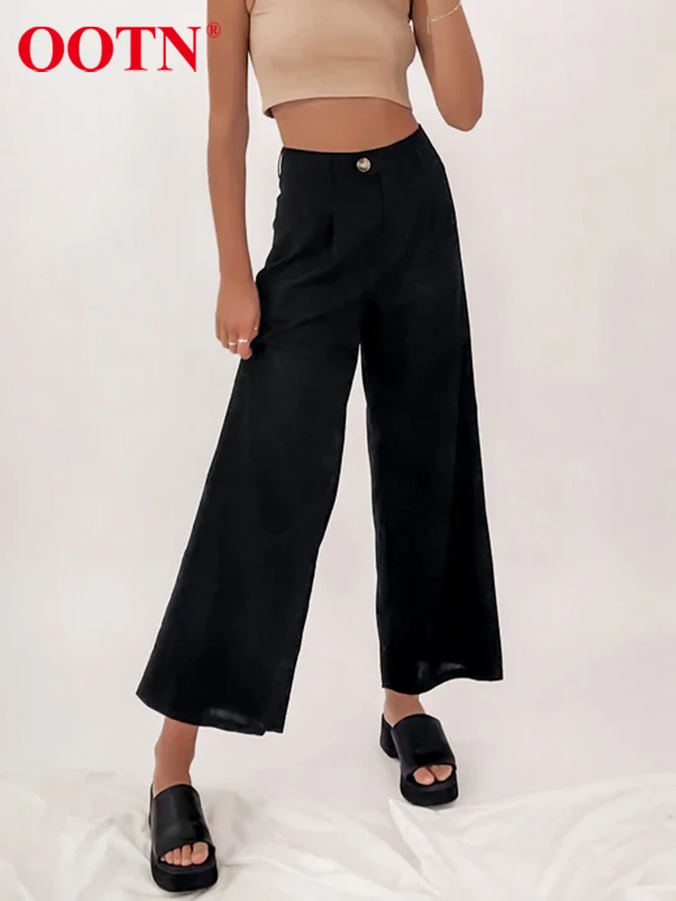

OOTN Casual Cotton Linen Black Pants High Waist Ankle-Length Pants For Women Summer 2022 Baggy All-Match Straight Trouser Street