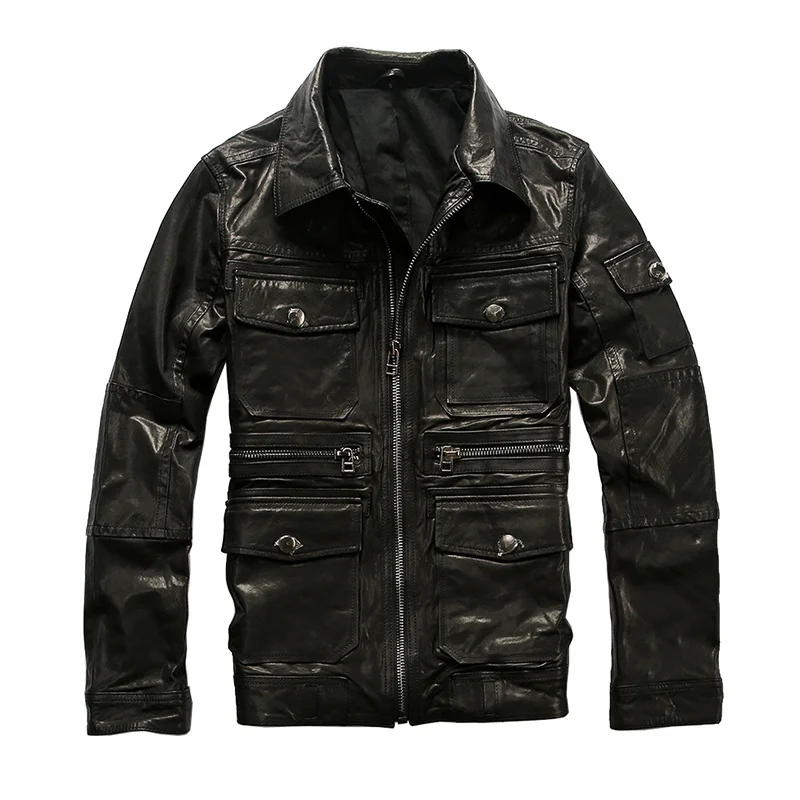 

Genuine Leather Coat Men's Vegetable Tanned Sheepskin Jacket Spring Autumn Multi Pockests Lapel Casual Leather Jacket