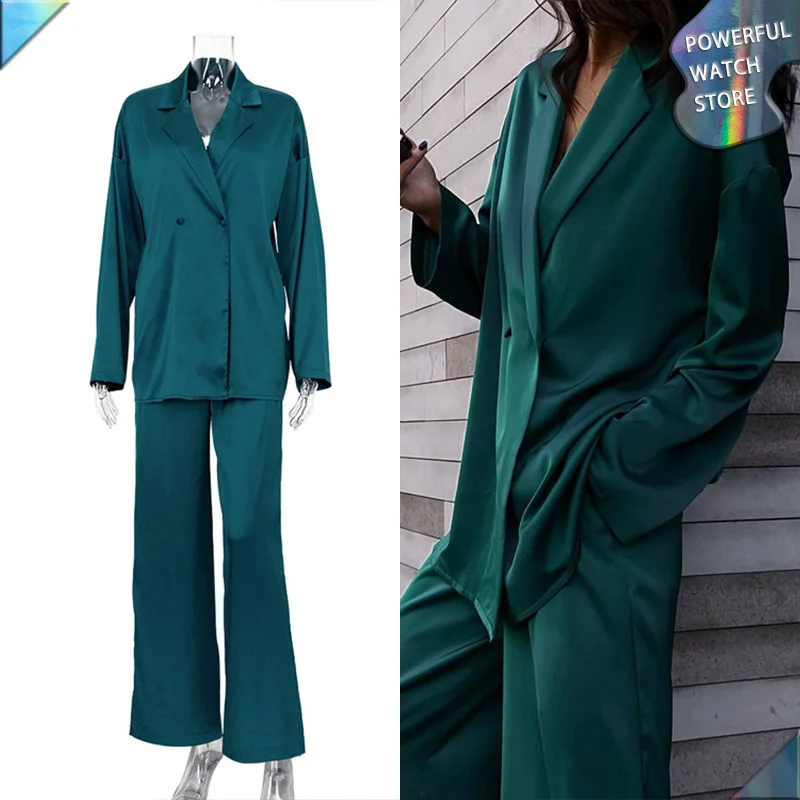 

Fashion Casual Drape Satin Suit Pants Two-piece Set Dark Green 2023 New Ins Style Women's High-end Street Clothing Commuting