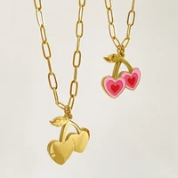 2022 cute cherry pink enamel heart pendant necklace for women girl waterproof jewelry 18k gold chain metal collar necklace gift