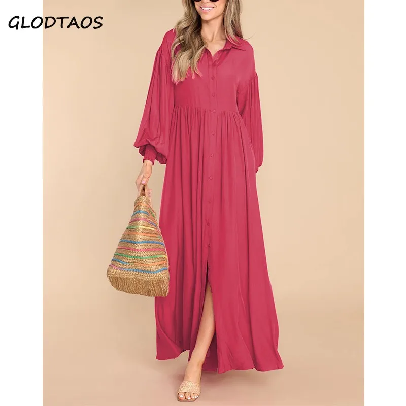 

GLODTAOS Oversized Women Shirt Dress Fashion Solid Casual Loose Long Sleeve Button A-line Long Dress Vestidos
