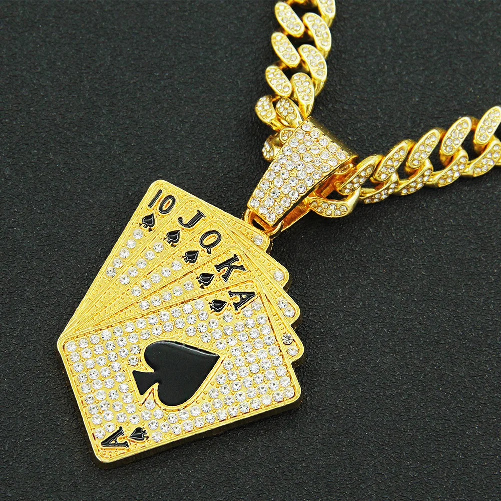 

Hip Hop Crystal Poker Pendant With Bling 13mm Width Miami Cuban Chain Necklace For Men'S Iced Out Rapper Jewelry Dropshipping