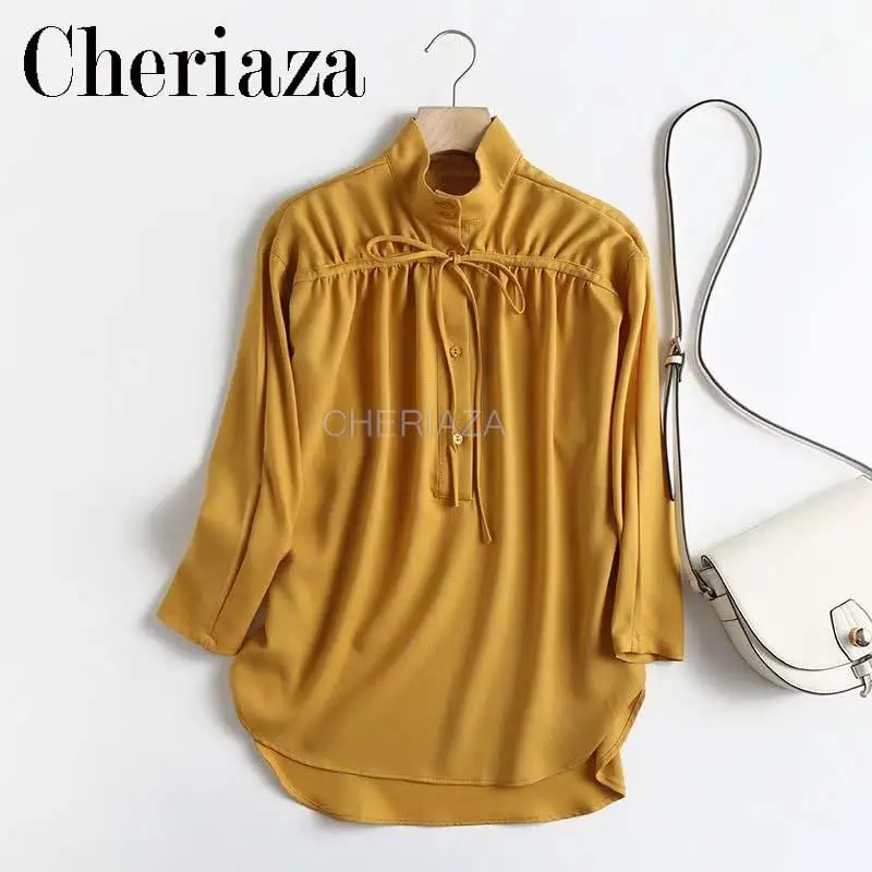 

CHeriaza Autumn New Knot Details High Neck Design Women's Casual Top Cover Up Shirt
