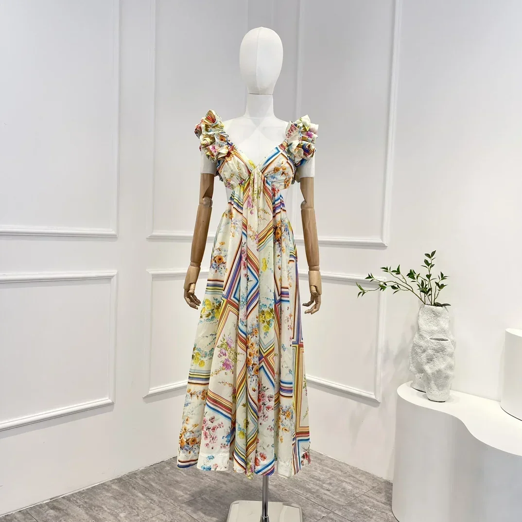 

New 2023 High Quality Spring Summer Vintage Muilt-color Floral Printing Sleeveless Folds Backless Bow Tie Woman Midi Dress