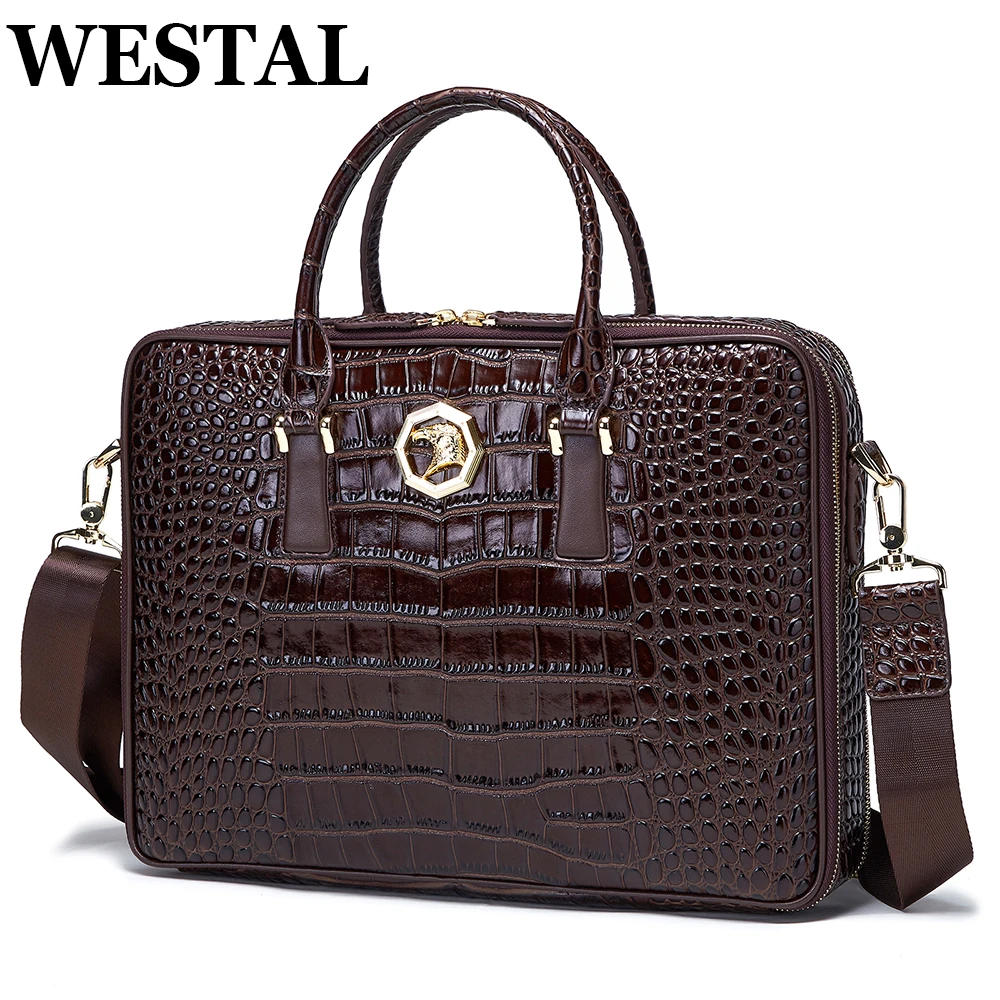 

WESTAL Genuine Leather Men's Briefcase Crocodile Pattern Shoulder Bags Large Capacity Laptop Bag 14 Inch Notebook Handbags 0026