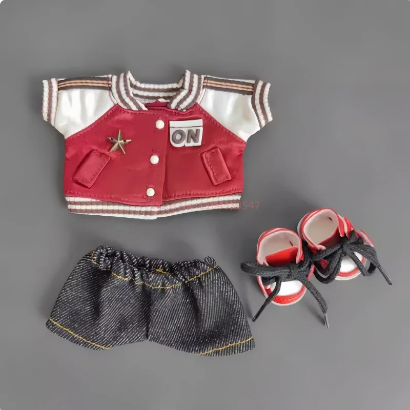 Одежда Labubu 17 см красный бейсбольный костюм Monster повседневный комплект I Heartbeat Macaron