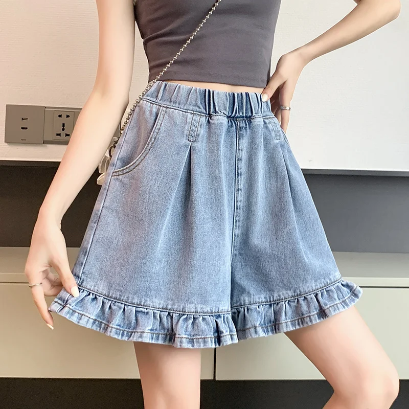 

Women's Clothes M-6XL Plus Size Denim Shorts 2023 Summer New Korean Style Fashion Ruffles High Waist Short Pants Jeans Female