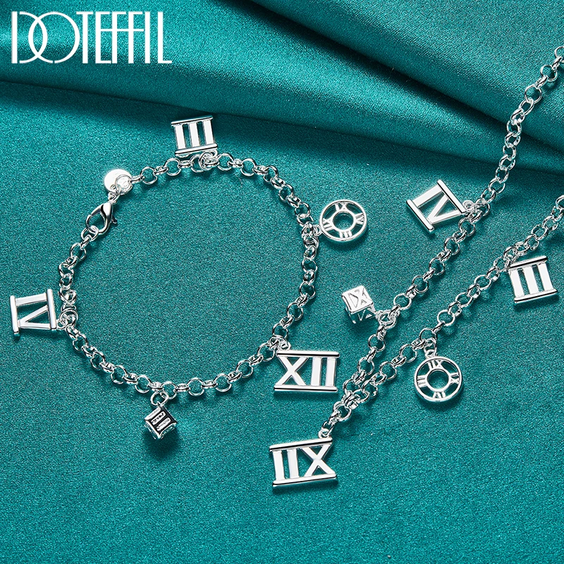 

DOTEFFIL 2pcs 925 Sterling Silver Roman Numerals Bracelet Necklace Set For Woman Wedding Engagement Party Fashion Charm Jewelry