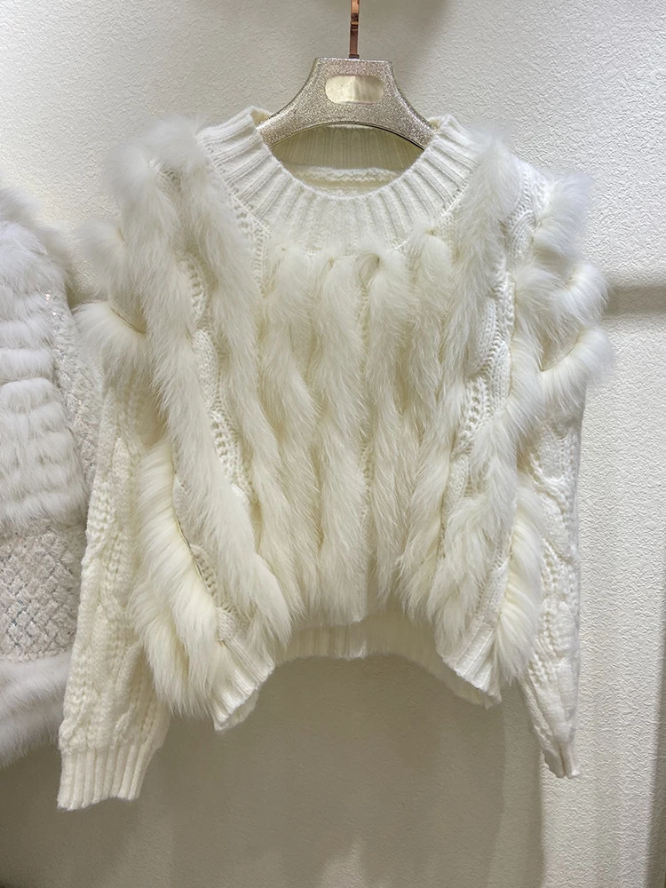 Women Fashion Real Fox Fur Strip Knitted Cardigans Sweater Real Fur Trim Loose Autumn Spring Knitwear