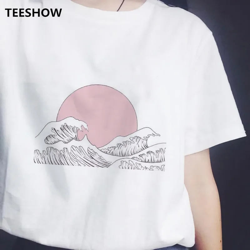 

Japanese Style T-shirts Women Printed Sunset Over The Sea Harajuku White Short Sleeve Casual Tshirt Summer 2020 Tee Shirt Female