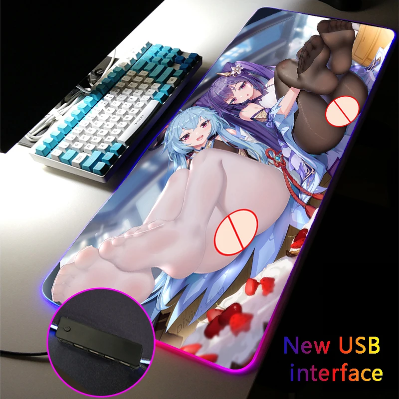 

Игровой коврик для мыши Genshin Impact Sexy Girl Ganyu, четыре USB-порта, RGB коврик для мыши Keqing, аксессуары для игр, большой Настольный коврик с интерфейсом ...