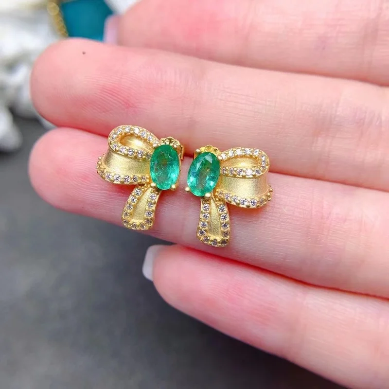 

100% 925 Sterling Silver Natural Colombian Emerald Earrings 18K Gold-plated Stud Earrings for Women's Wedding Fine Jewelry