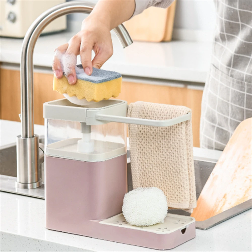

Multifunctional Detergent Dispenser Press Liquid Soap Box Drain Sink Towel Bar Sponge Storage Holder Rack Kitchen Organizer Tool