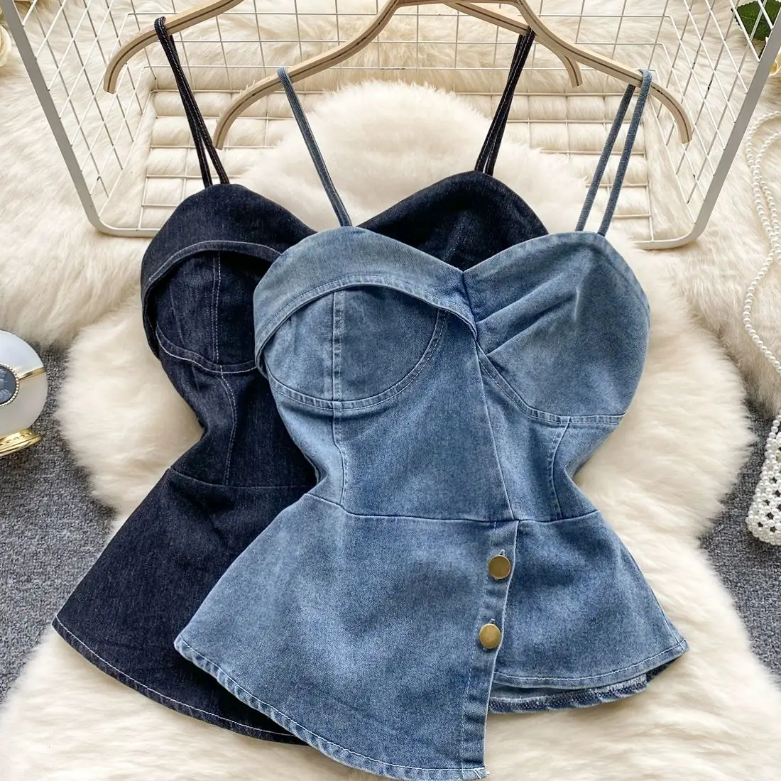 Летняя Милая популярная джинсовая майка укороченный топ Женская эластичная