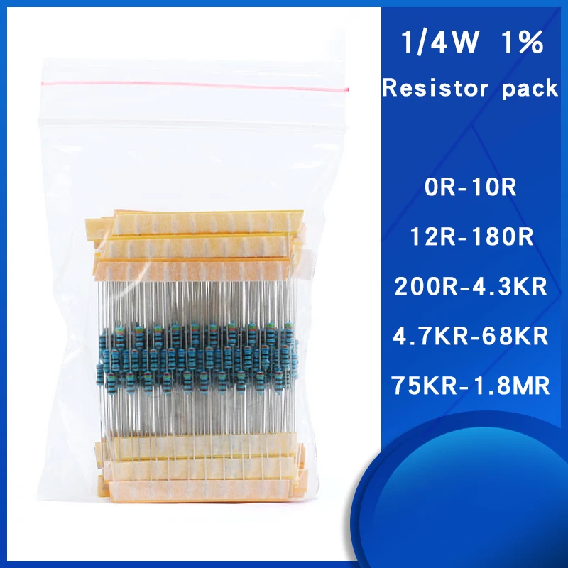 

1/4W metal film resistor pack 18/23/25/24 kinds of commonly used resistors, every kind 10pcs five-color ring resistors