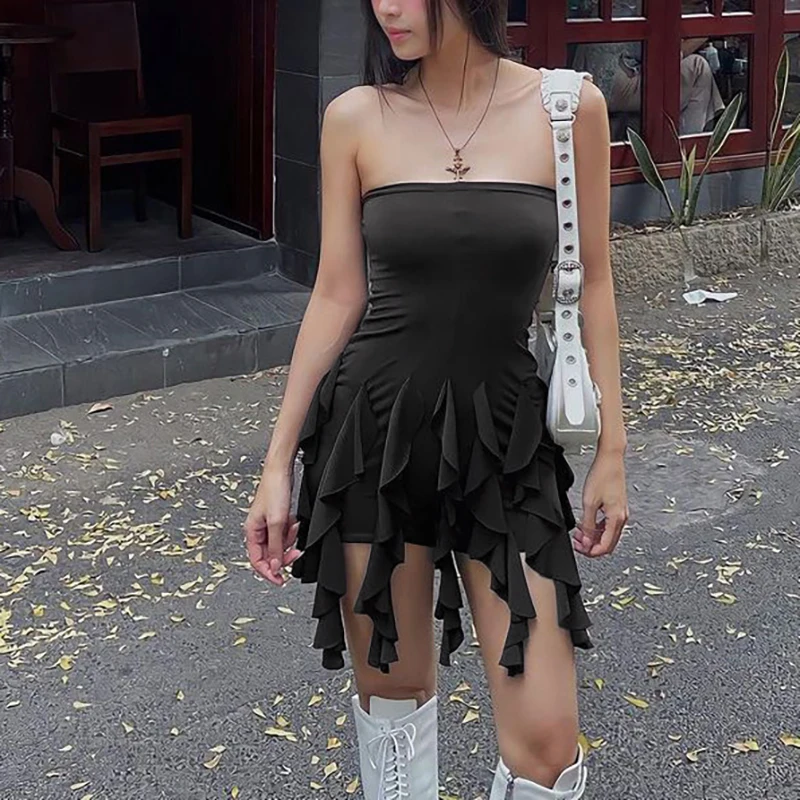 

Sexy Slim Fit Ruffles Tassels Slim Short Dress Women Red Summer Fashion Korean New Sexy Sleeveless Solid High Waist Mini Dresses