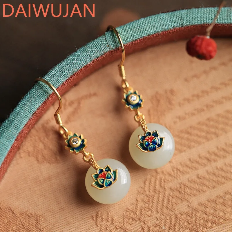 

925 Sterling Silver Ancient Method Earrings Gold Inlaid Hetian Jade Earrings Chinese Style Lotus Enamel Women's Jewelry 2022