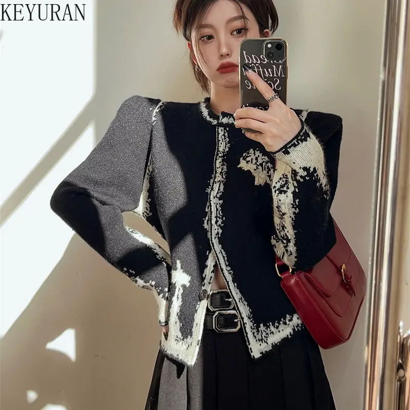 

Black Ink Painting Sweaters for Women Knitted Cardigan 2023 Autumn winter Korean Fashion O-Neck Long Sleeve Knitwear Tops Female