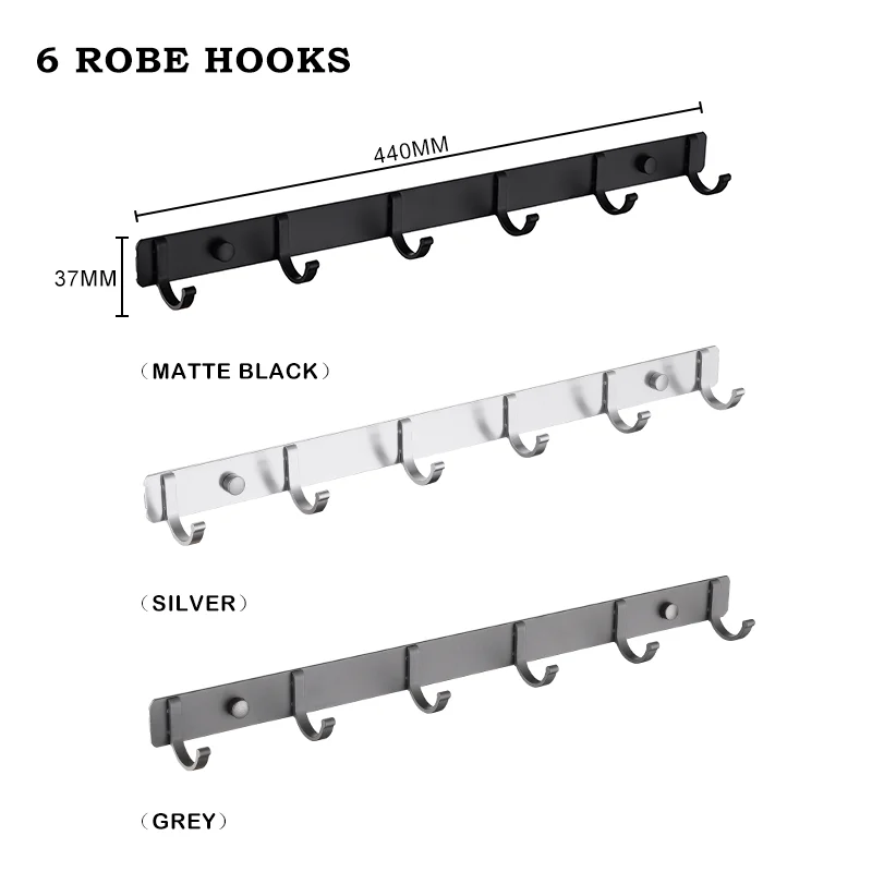 

Space Aluminum Black Hook Bathroom Towel Hook Living Room Door Back Clothes Hook Simple Black Silver Grey Storage Wall 6 Hooks