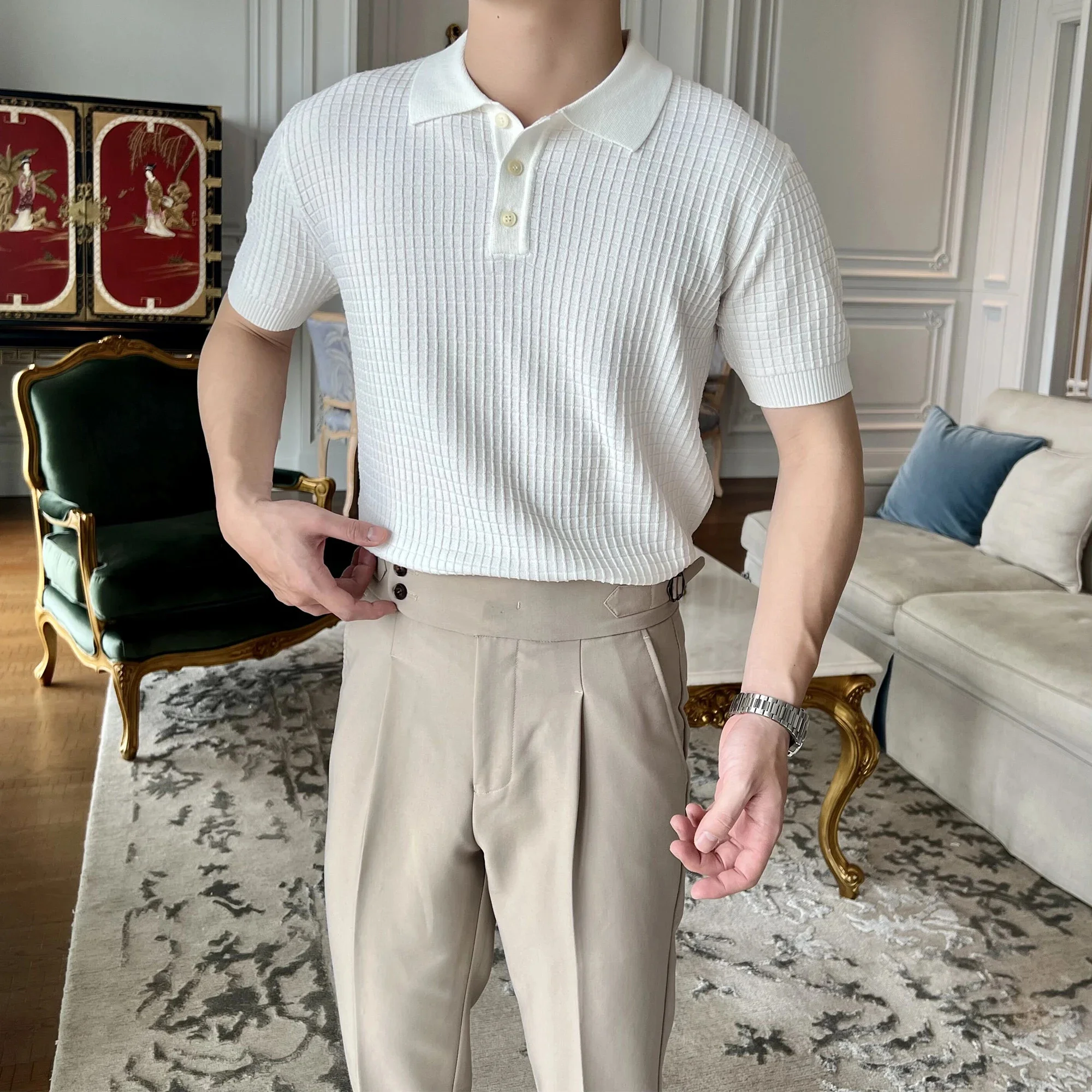 

Мужская футболка-поло с коротким рукавом, однотонная Приталенная футболка в Корейском стиле, Q85, весна-лето 2023