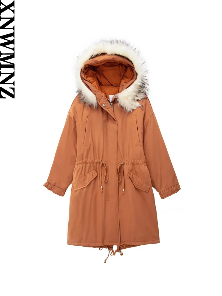 XNWMNZ Women Fashion Faux Fur Hooded Thick Warm Padded Coat Vintage Long Sleeve Adjustable Waist Outerwear Female Chic Overcoat