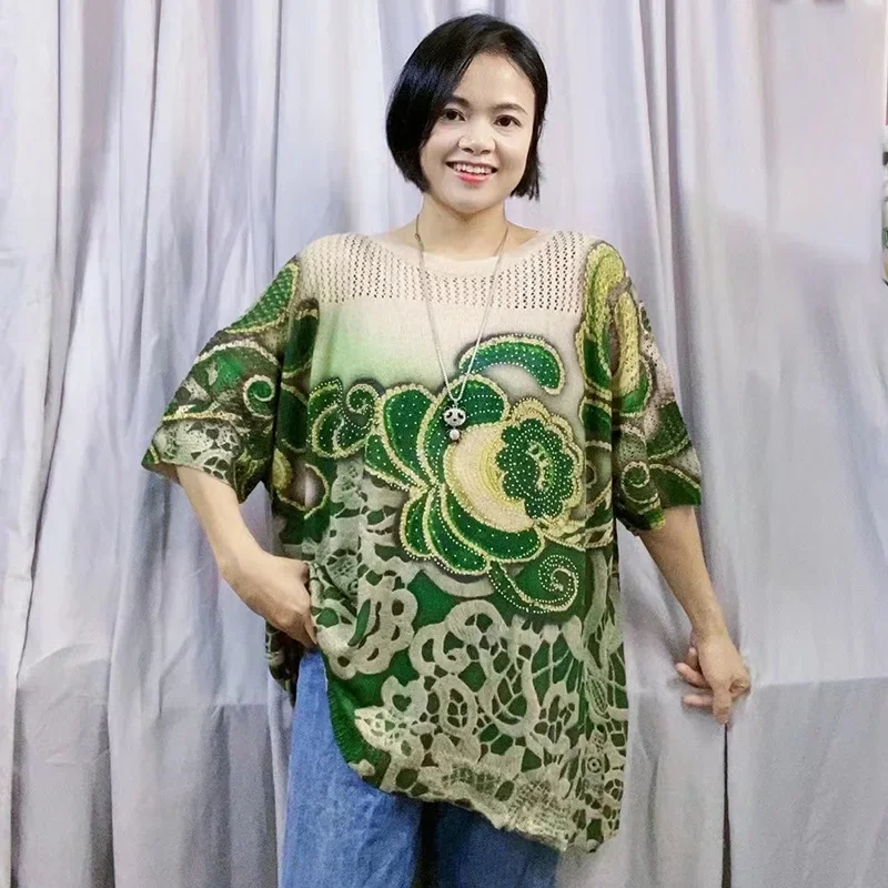 Новый летний льняной вязаный топ с винтажным принтом и стразами свободный крой