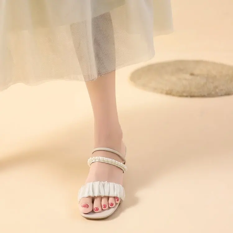

Spring 2023 new flip-flop rubber square heel PU mid-heel summer simple solid color flat shoes