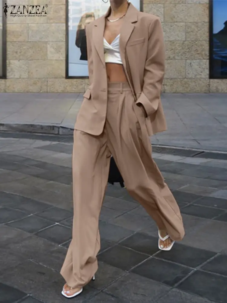 

ZANZEA Women Spring New Suit 2PCS Long Sleeve Lapel Solid Color Tops Blazer Elegant Fashion Long Wide Leg Pants Trousers 2022