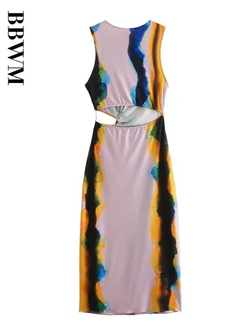 Hollow Design Dress Women Print Midi Dress Woman O Neck Vintage Sleeveless Summer Dresses 2023 Evening Dress Chic Female