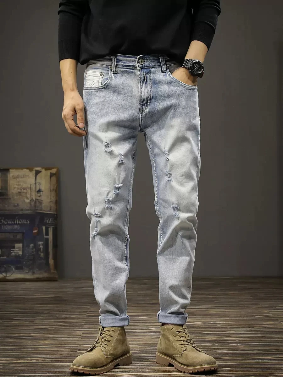 Fashion Designer Men Jeans Retro Light Blue Stretch Slim Fit Hole Ripped Jeans Men Vintage Trousers Casual Denim Pants Hombre