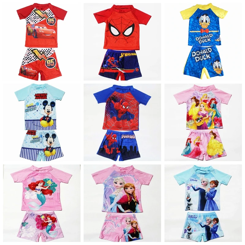 Kid Baby Girl Swimwear T Shirt Top+Short 2pcs Set Spiderman Frozen Anna Elsa Pixar Cars Mickey Swimming Boy Beachwear Swimsuit