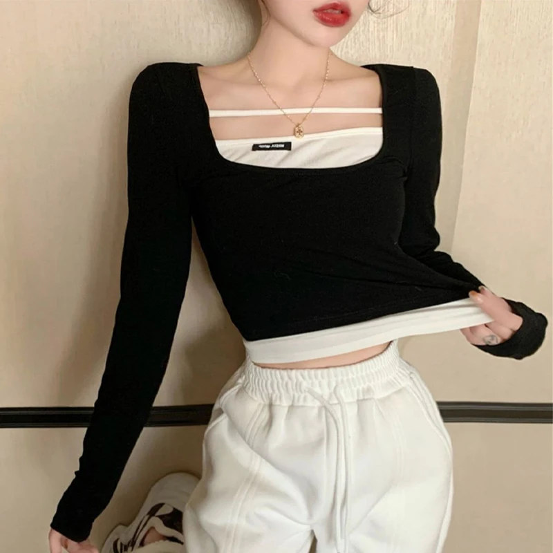 

Кроп-топ женский с длинным рукавом, пикантная футболка в стиле пэчворк, с имитацией двух предметов, однотонная Облегающая майка в Корейском стиле, белый и черный топы на осень
