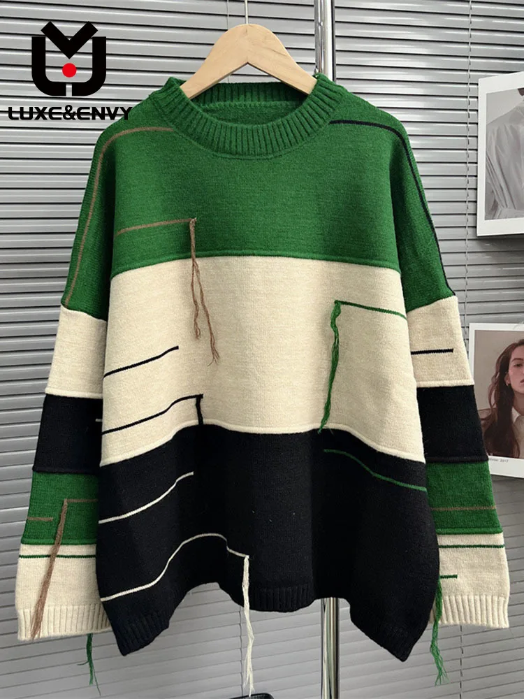 

LUXE&ENVY 2023 Autumn Winter New High End Beautiful Sweater Loose Lazy Green Stripe Knitwear Women