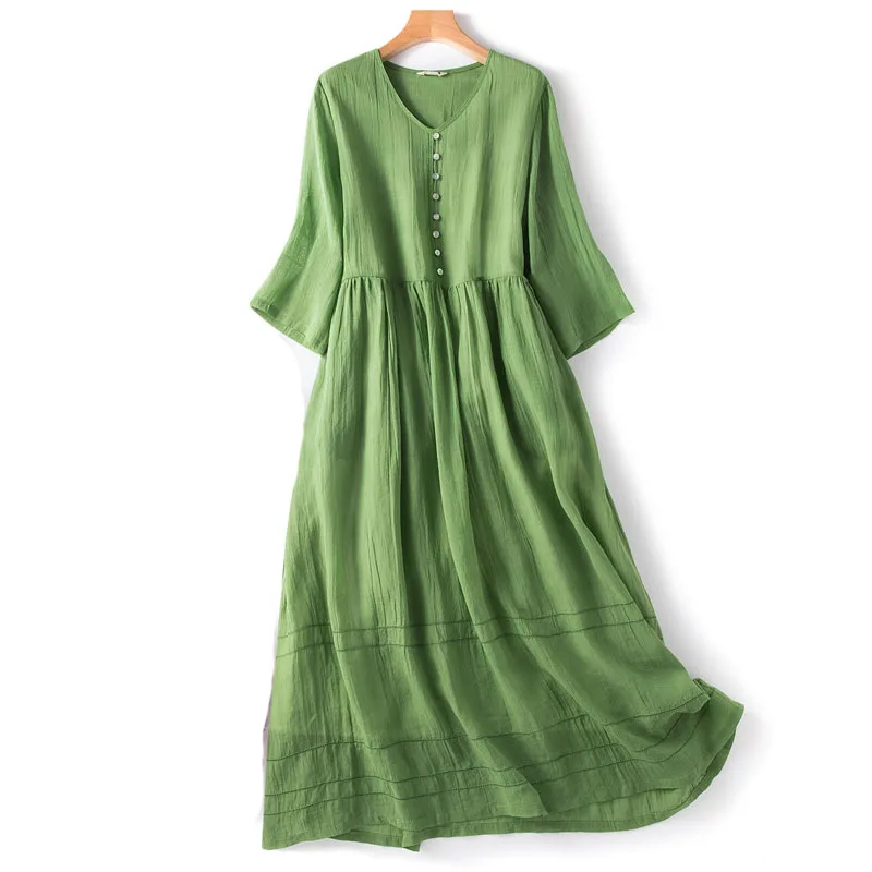 

Cotton and Linen Stitching Fashion Literary Women Dress Half Sleeved V Neck Loose Green Korean Fashion Layered Girl Dress Summer