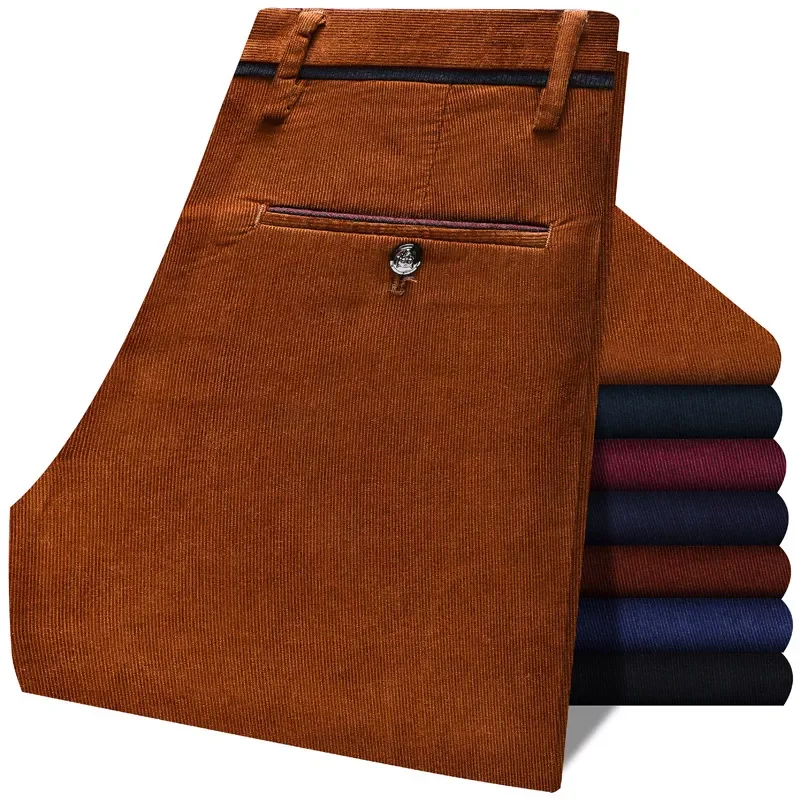 

2023New and Winter Men's Corduroy Thick Casual Pants Business Fashion Stretch Slim Trousers Male Brand Brown Red Wine Navy B