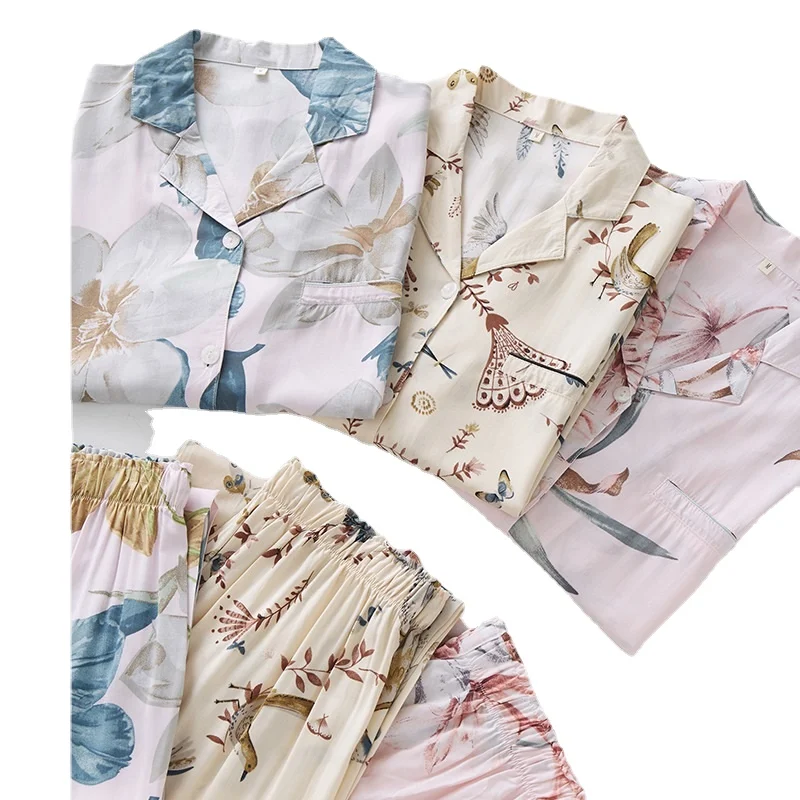 Elegant Floral Print Cotton Viscose Pajamas Long-sleeved Trousers Casual Home Wear Cartoon Pijamas Women Sleepwear