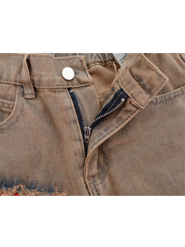 Patch Hole Casual Raw Edge Denim Shorts Summer New Retro Street Loose BF Frayed Wide-leg Neutral Five-point Pants Jeans Female