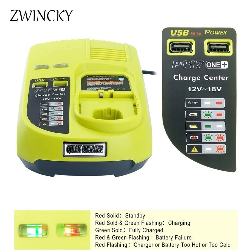 

P117 P118 3A Ni-Cd Ni-Mh Lithium Battery Charger For Ryobi 12V-18V Battery P102 P107 P103 P104 P105 P106 P108 Fast charging USB