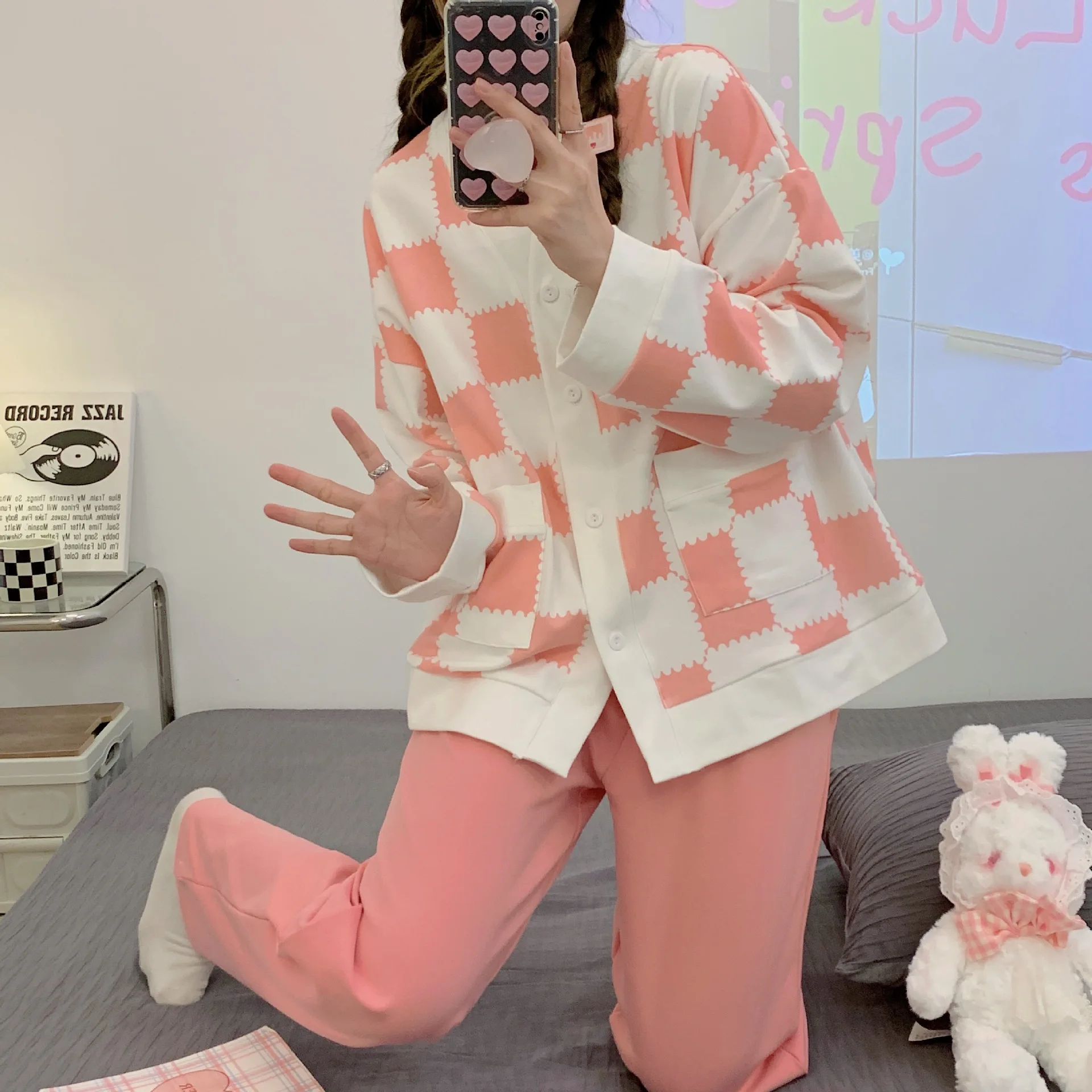 Yasuk Spring Autumn Fashion Women's Casual Soft Plaid Sleepwear Homewear Pajamas Set With Pants Sweet Lovely Girl