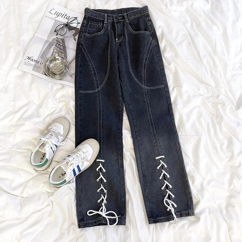 

High Waist Bandage Lined Detailed Straight Gradient Jeans
