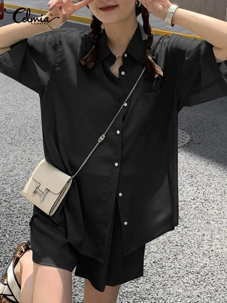 

Женский короткий костюм Celmia с эластичным поясом, офисный летний комплект из 2 предметов, модная рубашка с пуговицами и лацканами, 2022, повседн...
