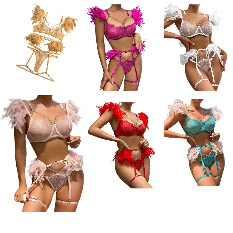 

Чувственное нижнее белье с перьями, сексуальный прозрачный кружевной бюстгальтер с цепочкой, экзотические комплекты, порно, комплект из 3 предметов, подвязки, эротические костюмы