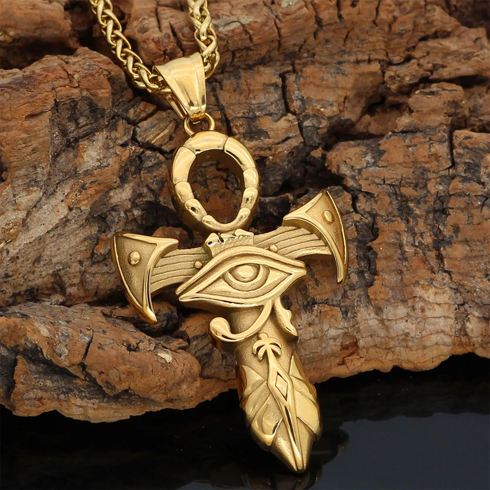 

Vintage Gold/Steel Eye of Horus Pendant Necklace For Men Egyptian Patronus Stainless Steel Cross Necklace Chain Amulet Jewelry